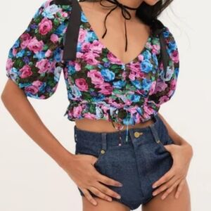For Love And Lemons Floral Cropped Blouse with ruching in bustline size XS NWTS